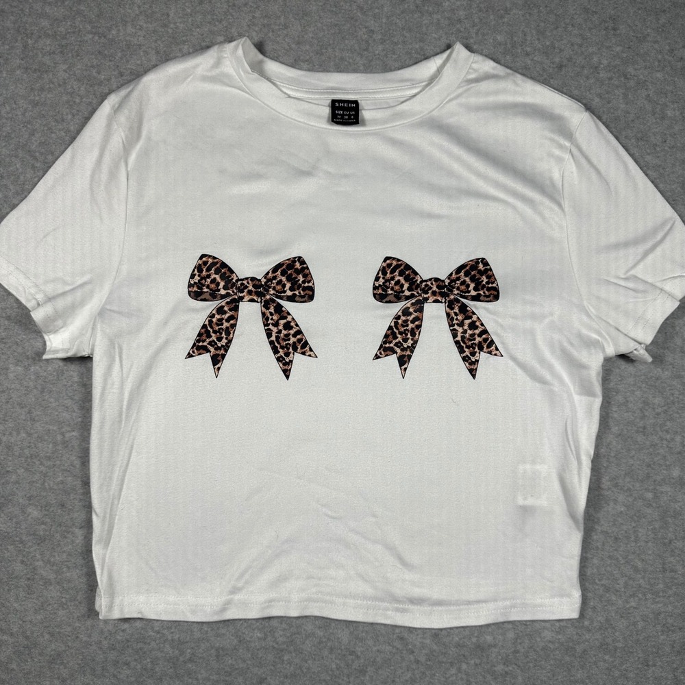 SHEIN Womens White Leopard Print Bow Graphic Crop Top T-Shirt Size M 6 0070
